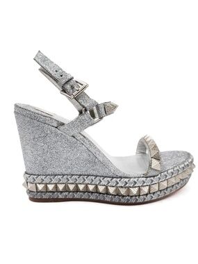 Christian Louboutin Silver Glitter Studded Espadrille Platform Sandals EU 37